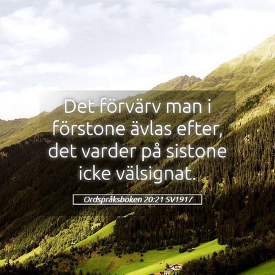 Picture 05 - Ordspråksboken 20:21 SV1917 - Det förvärv man i förstone ävlas efter, det - Bible Verse Picture
