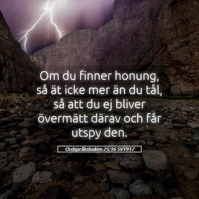 Picture 05 - Ordspråksboken 25:16 SV1917 - Om du finner honung, så ät icke mer än du - Bible Verse Picture