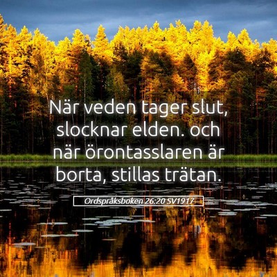 Picture 05 - Ordspråksboken 26:20 SV1917 - När veden tager slut, slocknar elden. och när - Bible Verse Picture