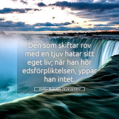 Picture 05 - Ordspråksboken 29:24 SV1917 - Den som skiftar rov med en tjuv hatar sitt eget - Bible Verse Picture