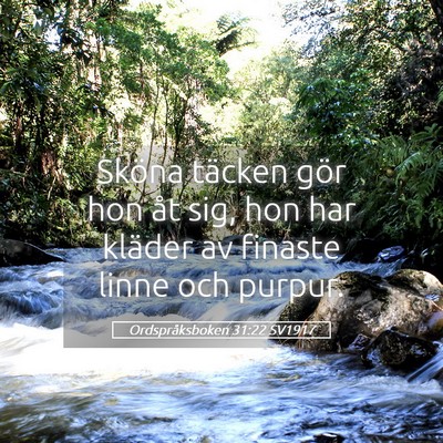Picture 05 - Ordspråksboken 31:22 SV1917 - Sköna täcken gör hon åt sig, hon har kläder - Bible Verse Picture