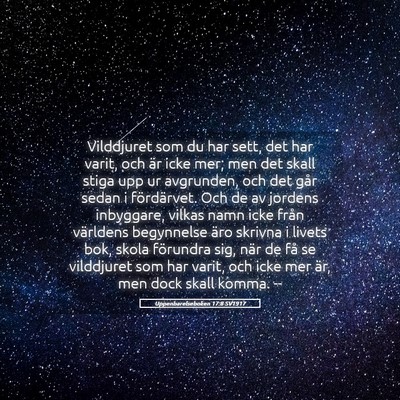 Picture 05 - Uppenbarelseboken 17:8 SV1917 - Vilddjuret som du har sett, det har varit, och - Bible Verse Picture