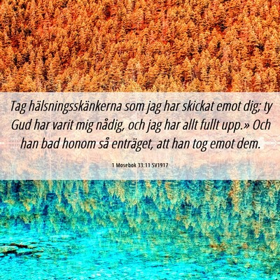 Picture 06 - 1 Mosebok 33:11 SV1917 - Tag hälsningsskänkerna som jag har skickat emot - Bible Verse Picture