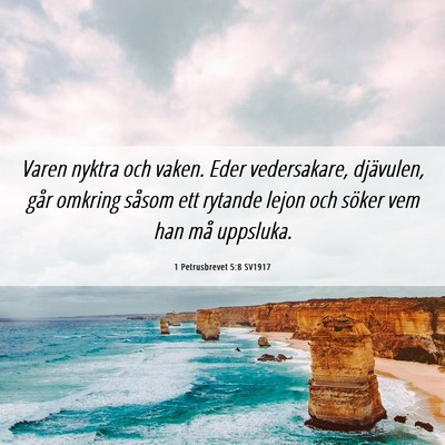 Picture 06 - 1 Petrusbrevet 5:8 SV1917 - Varen nyktra och vaken. Eder vedersakare, - Bible Verse Picture