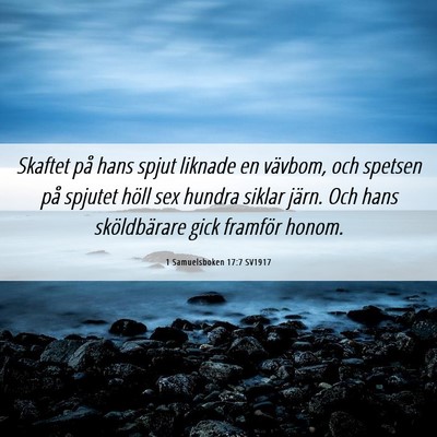 Picture 06 - 1 Samuelsboken 17:7 SV1917 - Skaftet på hans spjut liknade en vävbom, och - Bible Verse Picture