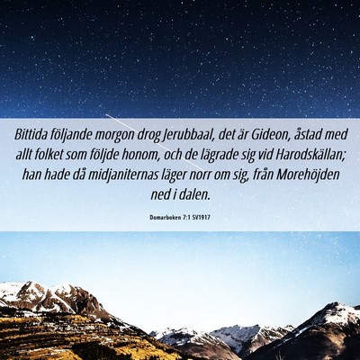 Picture 06 - Domarboken 7:1 SV1917 - Bittida följande morgon drog Jerubbaal, det är - Bible Verse Picture