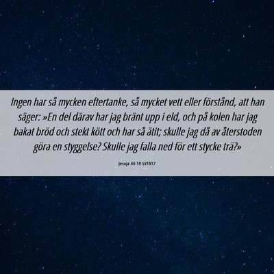 Picture 06 - Jesaja 44:19 SV1917 - Ingen har så mycken eftertanke, så mycket vett - Bible Verse Picture