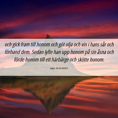 Picture 06 - Lukas 10:34 SV1917 - och gick fram till honom och göt olja och vin i - Bible Verse Picture