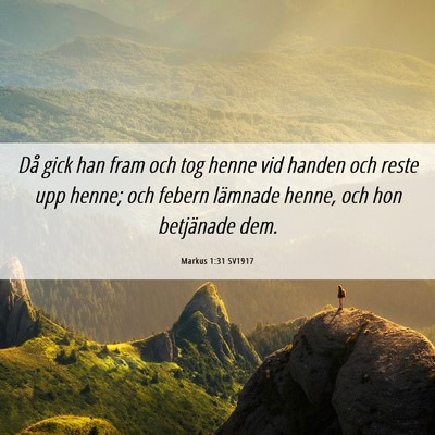 Picture 06 - Markus 1:31 SV1917 - Då gick han fram och tog henne vid handen och - Bible Verse Picture