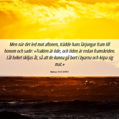 Picture 06 - Matteus 14:15 SV1917 - Men när det led mot aftonen, trädde hans - Bible Verse Picture
