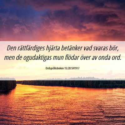 Picture 06 - Ordspråksboken 15:28 SV1917 - Den rättfärdiges hjärta betänker vad svaras - Bible Verse Picture