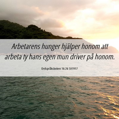 Picture 06 - Ordspråksboken 16:26 SV1917 - Arbetarens hunger hjälper honom att arbeta ty - Bible Verse Picture