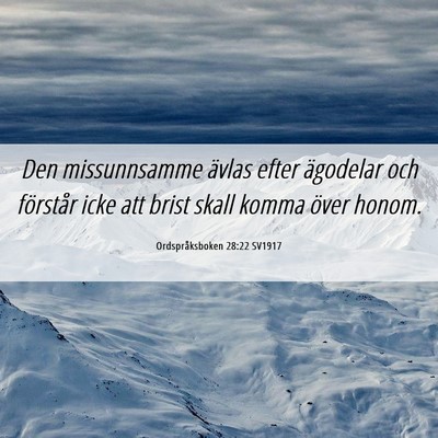 Picture 06 - Ordspråksboken 28:22 SV1917 - Den missunnsamme ävlas efter ägodelar och - Bible Verse Picture