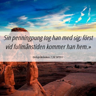 Picture 06 - Ordspråksboken 7:20 SV1917 - Sin penningpung tog han med sig; först vid - Bible Verse Picture