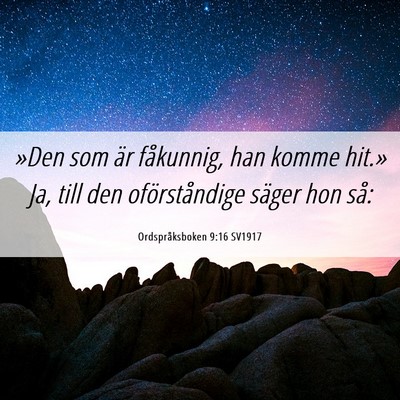 Picture 06 - Ordspråksboken 9:16 SV1917 - »Den som är fåkunnig, han komme hit.» Ja, - Bible Verse Picture