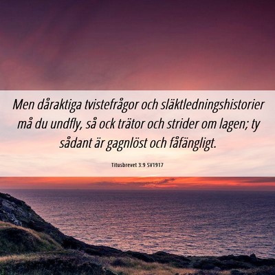 Picture 06 - Titusbrevet 3:9 SV1917 - Men dåraktiga tvistefrågor och - Bible Verse Picture