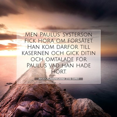 Picture 07 - Apostlagärningarna 23:16 SV1917 - Men Paulus' systerson fick höra om försåtet. - Bible Verse Picture