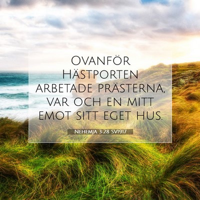 Picture 07 - Nehemja 3:28 SV1917 - Ovanför Hästporten arbetade prästerna, var och - Bible Verse Picture