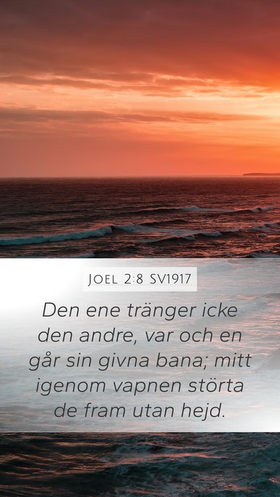 Joel 2:8 SV1917 Mobile Phone Wallpaper - Den ene tränger icke den andre, var och en går - Mobile Bible Verse Wallpaper